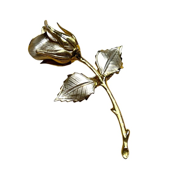 Vintage Gold & Silver tone‎ Stemmed Rose Brooch Pin - Picture 1 of 8